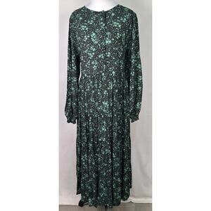 Zara Green & Black Floral “The Angel” Tiered Maxi Smock Dress Size L